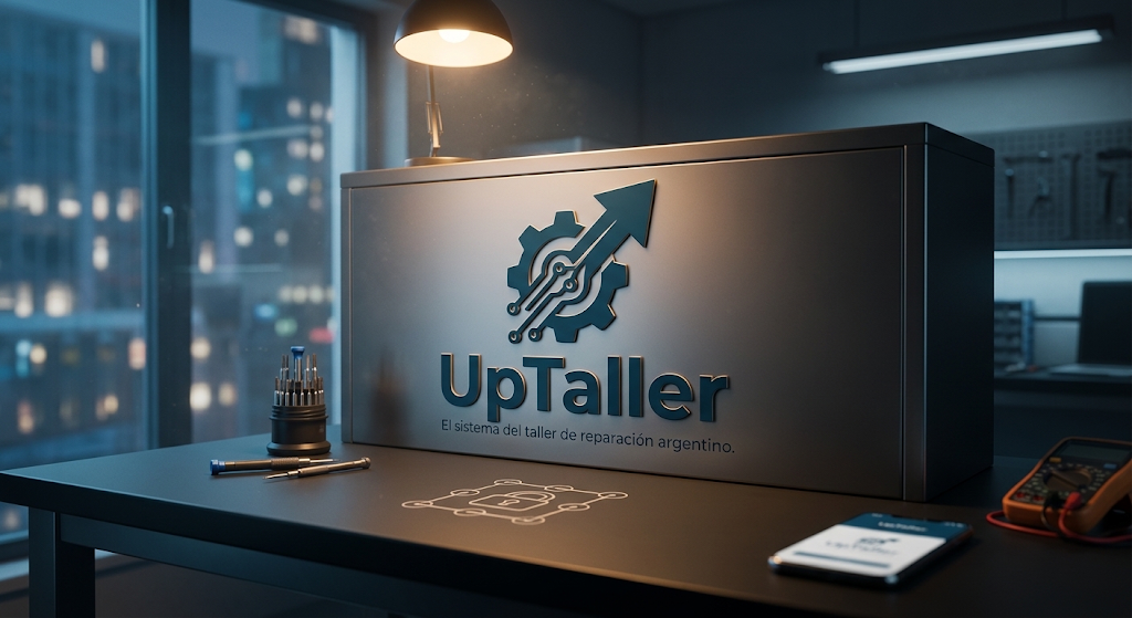 Concepto de marca UpTaller: engranaje, circuito y flecha en un banco de reparación