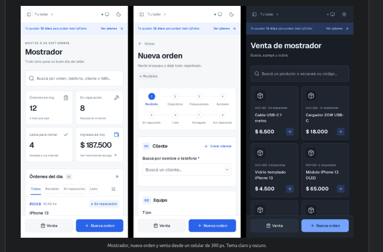 UpTaller en celulares: mostrador y nueva orden en claro, venta en oscuro
